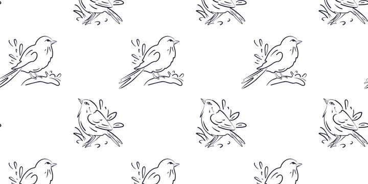 Seamless pattern with cute little birds doodle or line style on white background vector illustration