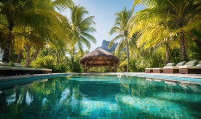 Obraz premium Tropical villa with a large pool against the backdrop of the jungle and mountains. Generative ai.