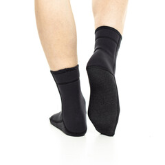 Woman in neoprene socks for scuba diving on white background. Square. Back view