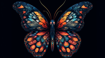 A colorful butterfly with a black background.generative ai
