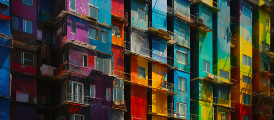 Colorful housing. A housing complex, apartment or multi-floor residential building with each unit in different colors. Blue sky in the background. Hand edited generative AI
