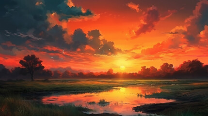 Obraz premium A painting of a sunset with the sun setting behind it.generative ai