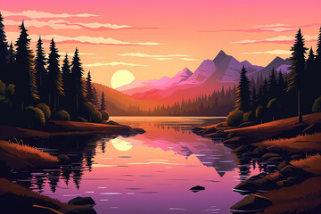 Fototapeta na wymiar Beautiful landscape illustration - peaceful warm sunrise over mountains, lake and forest. The concept of travel, hiking, outdoor activities and adventure
