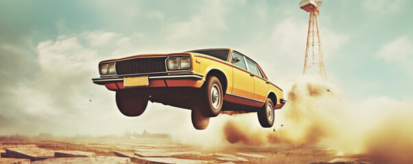 Seventies style car stunt or car jump. A normal sedan-type stock car, in mid air during a car jump with a dirt trail. Wide format. hand edited generative AI. - obrazy, fototapety, plakaty