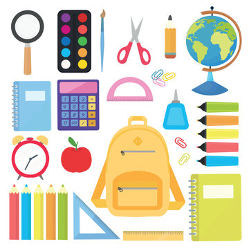 Set of school supplies school stationery backpack globe vector illustration