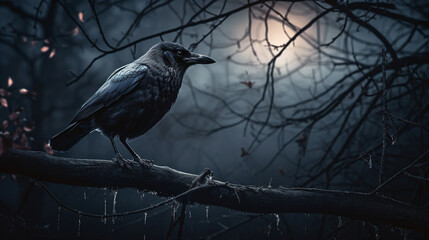 Fototapeta premium A crow sits on a branch in a forest with icicles hanging from the branches.generative ai