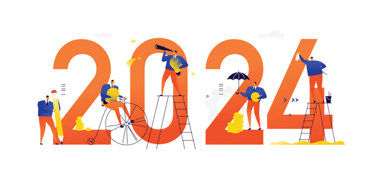 Illustrations of the new 2024. Meeting the new year. Vector. Business people achieve their goals and make a career. Search for ideas. Solving tasks and problems. Business metaphors.  