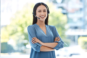 Woman with arms crossed, portrait and callcenter, contact us with customer service agent in...