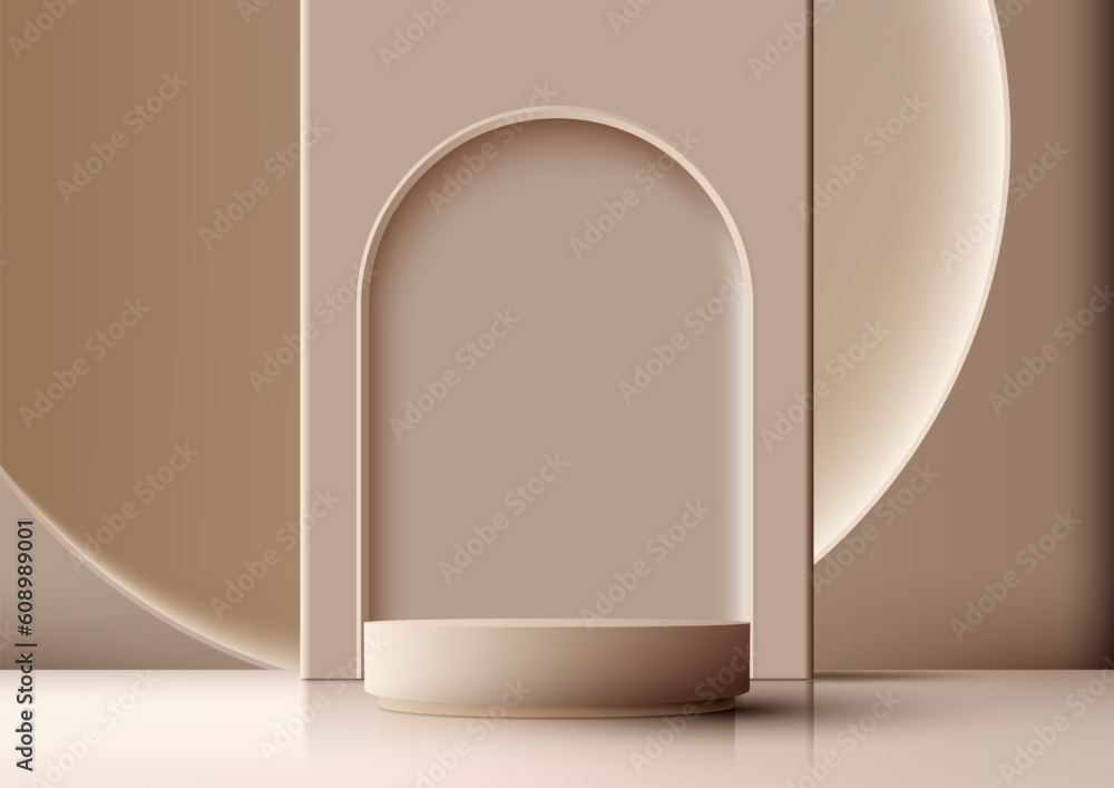 Poster 3d realistic modern style empty beige podium with door rounded and circle backdrop on brown backgrou
