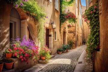 Beautiful old architecture with flowers, city street. Generative ai.