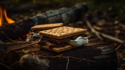 Fototapeta na wymiar Graham Cracker | Chocolate | Marshmallow Smores in Campfire skewer