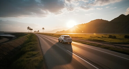 A white car drives off into the sunset along the road to the ocean coast. Generative ai. - obrazy, fototapety, plakaty