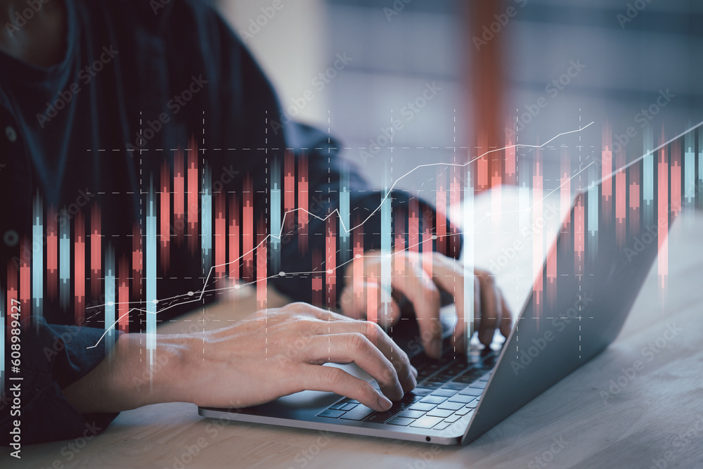 Aufkleber planning and strategy, stock market, trader or investor working at home. technical price graph and i