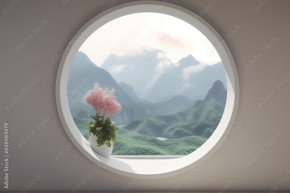 Aufkleber a circular window that overlooks a mountain range in its entirety generative ai