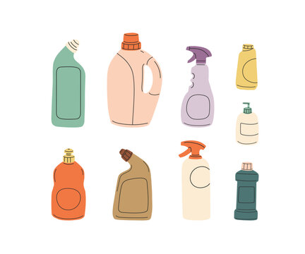 Chemical detergents in plastic bottles. Home cleaning products, household liquids for cleanup, washing, cleansing in different packages, packs. Flat vector illustration isolated on white background