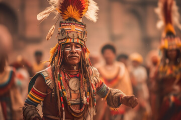 A man dressed in a native american costume. Generative AI. Inti Raymi in Cusco, Peru, festival for the Inca sun god. - obrazy, fototapety, plakaty