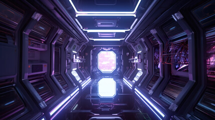 A futuristic sci-fi space station with neon lights. Generative AI.
