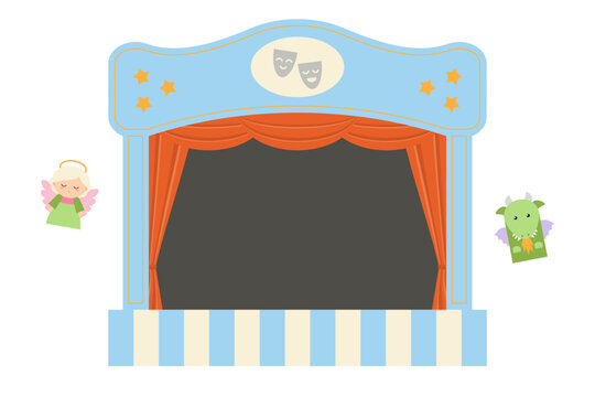 Children's puppet theater on a white background. Vector illustration of theatre stage with red curtains and dark background. Flat style