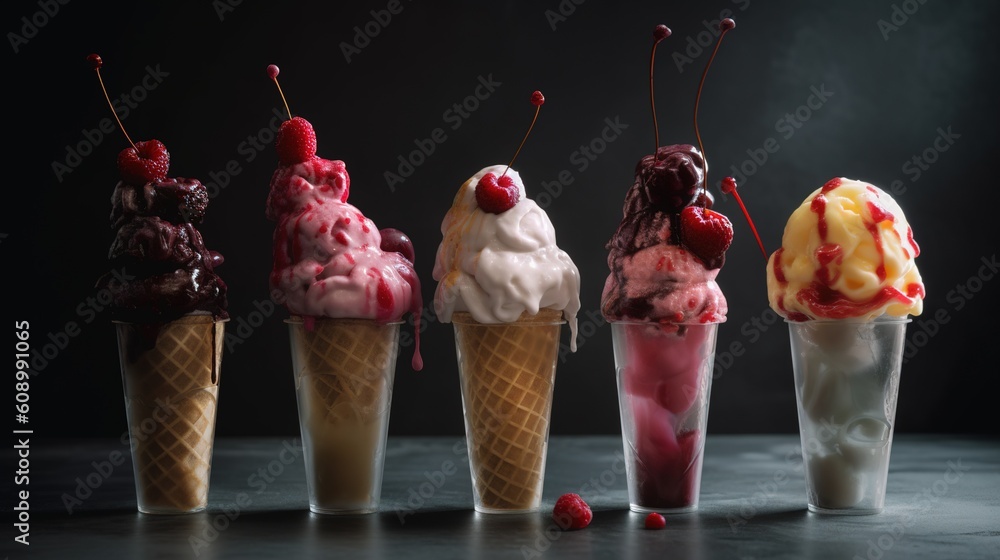 Poster a line of ice cream cones, each one adorned with a unique topping. generative ai