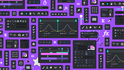 Background of Motion Design Editor processing Tools. Tool Blocks. Graphic Movie and animation Editing. UI bg. Set of icon Panels for visual effects. Videomakers items. FX Buttons and icons. Toolbar