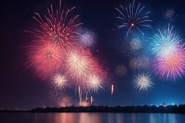 Fototapeta na wymiar Fireworks over the river