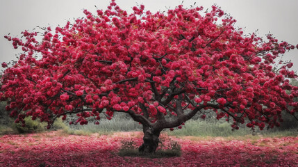 This photograph depicts a cherry tree against an invisible background, creating an illusion of free air surrounding the tree. The cherry tree is in full bloom, its branches adorned Generative AI