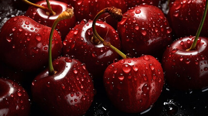 In the photo, bright, juicy, and ripe cherries are bursting with life and freshness. Generative AI