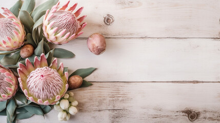 A bright and feminine winter/Christmas banner or header featuring a flat lay or top view composition of a dry Protea flower, small pastel pink Christmas ornaments, and a candle pla Generative AI - obrazy, fototapety, plakaty