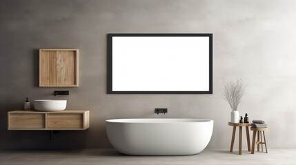 Minimalist bathroom interior with a blank horizontal poster frame mock-up, set against a backdrop of a contemporary bathroom interior. Generative AI
