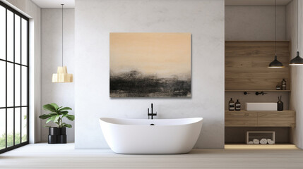 Fototapeta na wymiar Empty horizontal poster frame showcased in a contemporary bathroom setting, featuring a minimalist design and a modern interior backdrop Generative AI