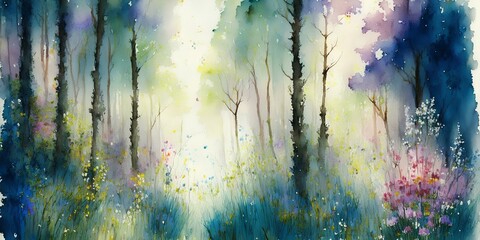 A painting of a forest with flowers in the foreground, a watercolor. AI generative