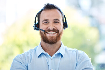 Happy man, call center and portrait smile in customer service, support or telemarketing at office....