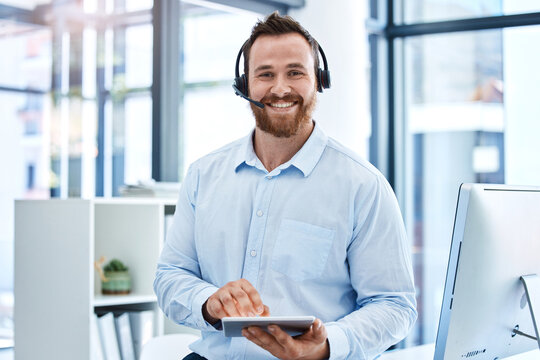 Portrait, call center and man with a tablet, telemarketing and customer service with headphones, connection and typing. Face, male person or agent with tech support, technology and headset for advice - Powered by Adobe