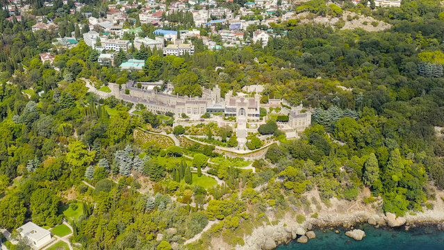 Alupka, Crimea. Vorontsov Palace. 19th century Gothic mansion with well-preserved halls and a picturesque 40 hectare park. The palace was built from 1828 to 1848, Aerial View
