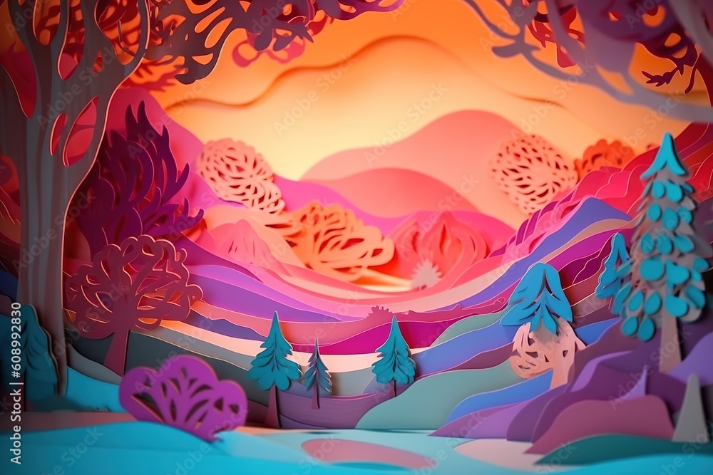 Poster a scene carved out of paper, complete with mountains and trees generative ai