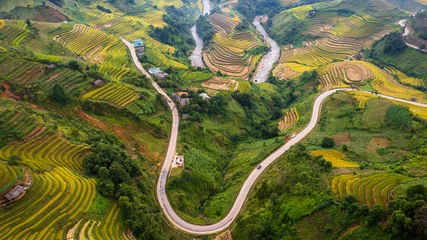 Papier Peint photo autocollant Mu Cang Chai Aerial top view rice terraces and curvy road   at  mu cang chai  northwest vietnam ,yenbai vietnam.
