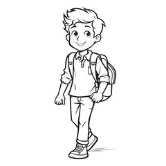 Handsome Outline Coloring Page: Full Body Shot of a School Boy for Kids