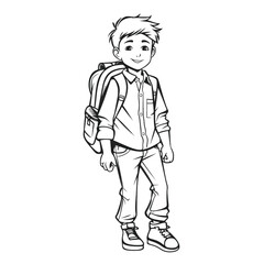 Handsome Outline Coloring Page: Full Body Shot of a School Boy for Kids