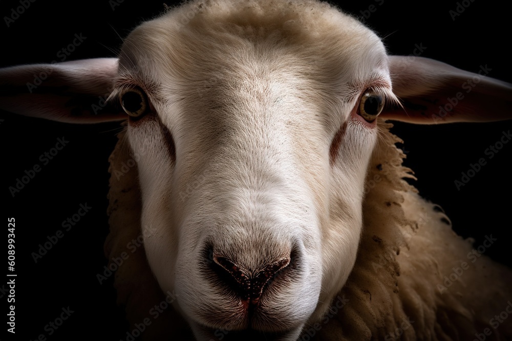 Poster a close-up of a sheep, with a dark backdrop and the image isolated. generative ai