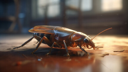 A cockroach on the floor in front of a window.generative  ai