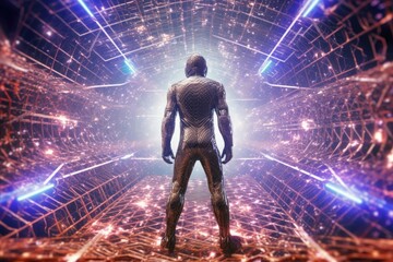 a Person wearing futuristic suit is standing in metaverse reality. Generative ai