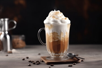 Vienna coffee with whipped cream in transparent glass on dark background. Close up. Generative AI. - obrazy, fototapety, plakaty