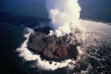 Fototapeta premium A volcanic island and a lava flow pouring into the sea. Bird's eye view. Created with Generative AI technology.