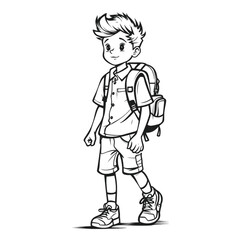 Handsome Outline Coloring Page: Full Body Shot of a School Boy for Kids