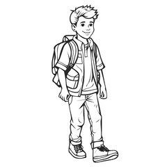 Fun Kids Coloring Page: Simple Black and White School Boy Illustration