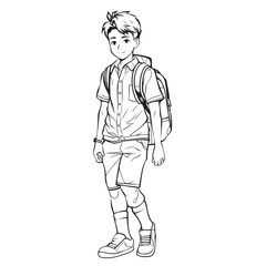 Fun Kids Coloring Page: Simple Black and White School Boy Illustration