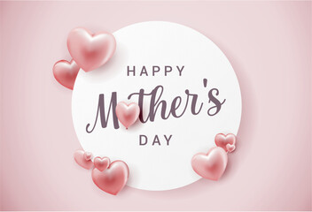 Mother's day card in pink with a circle and hearts, vector design - 608993625