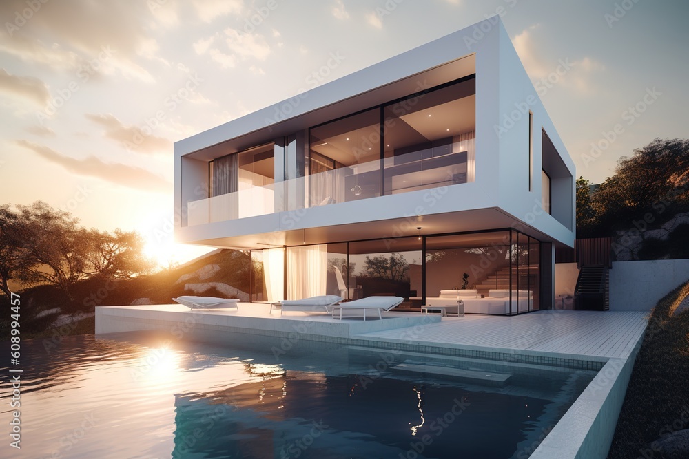 Poster a big white home with a swimming pool situated in front of it generative ai
