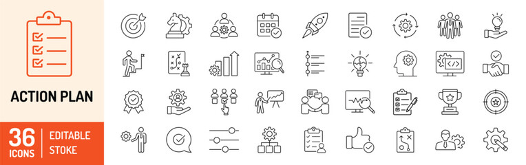 Action plan editable stroke outline icons set.  Goal, collaboration, strategy, tasks, action, planning and analysis - obrazy, fototapety, plakaty