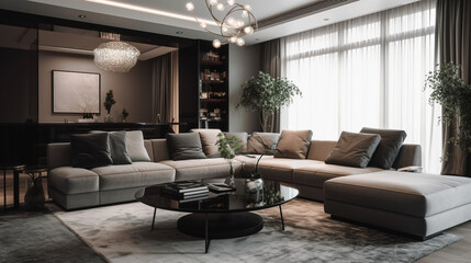 Modern living room with a detailed image of its interior, showcasing a comfortable sofa and contemporary decor, Generative AI